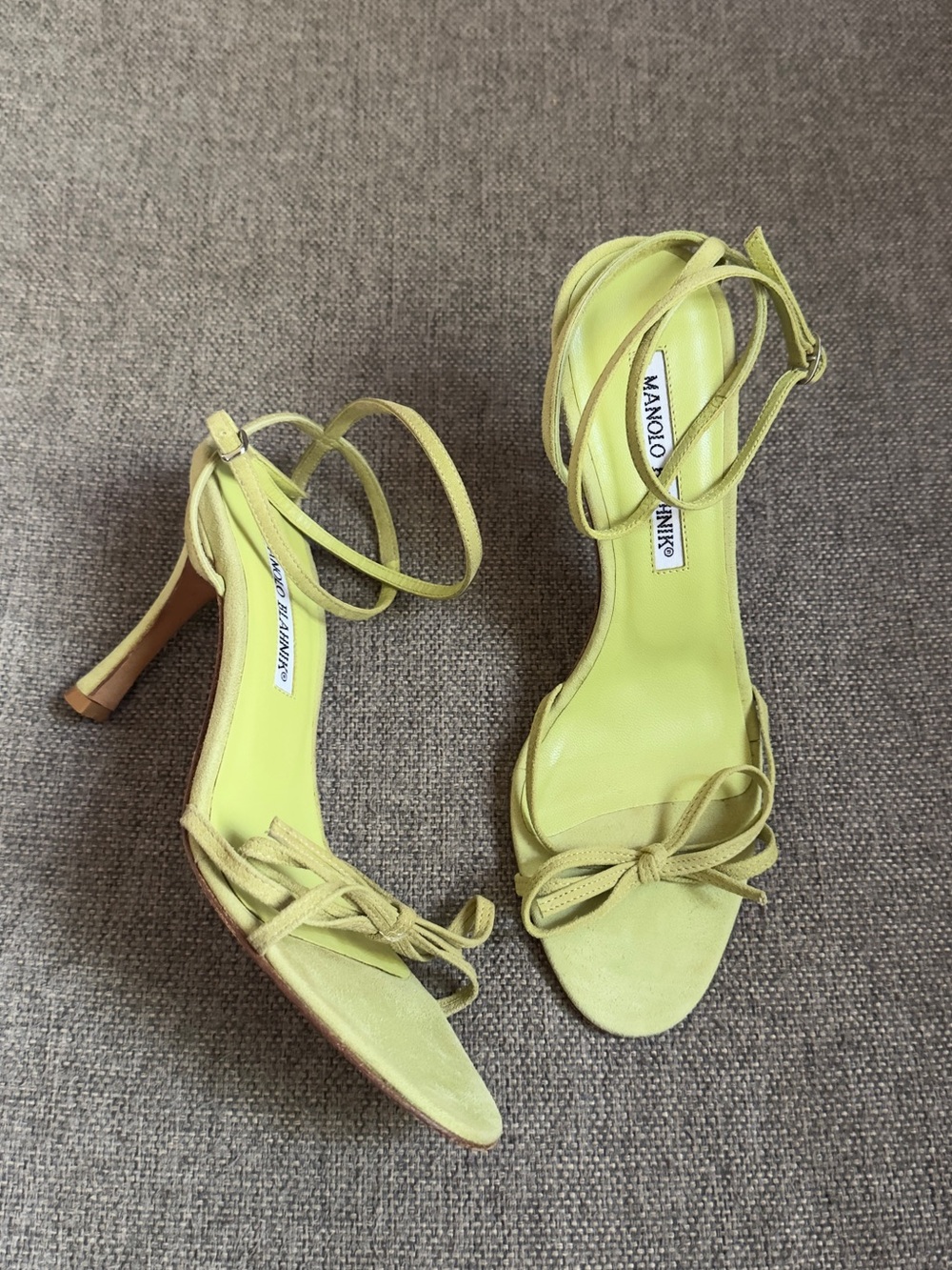 Vintage Manolo Blahnik chartreuse wrap around heels with bow detail